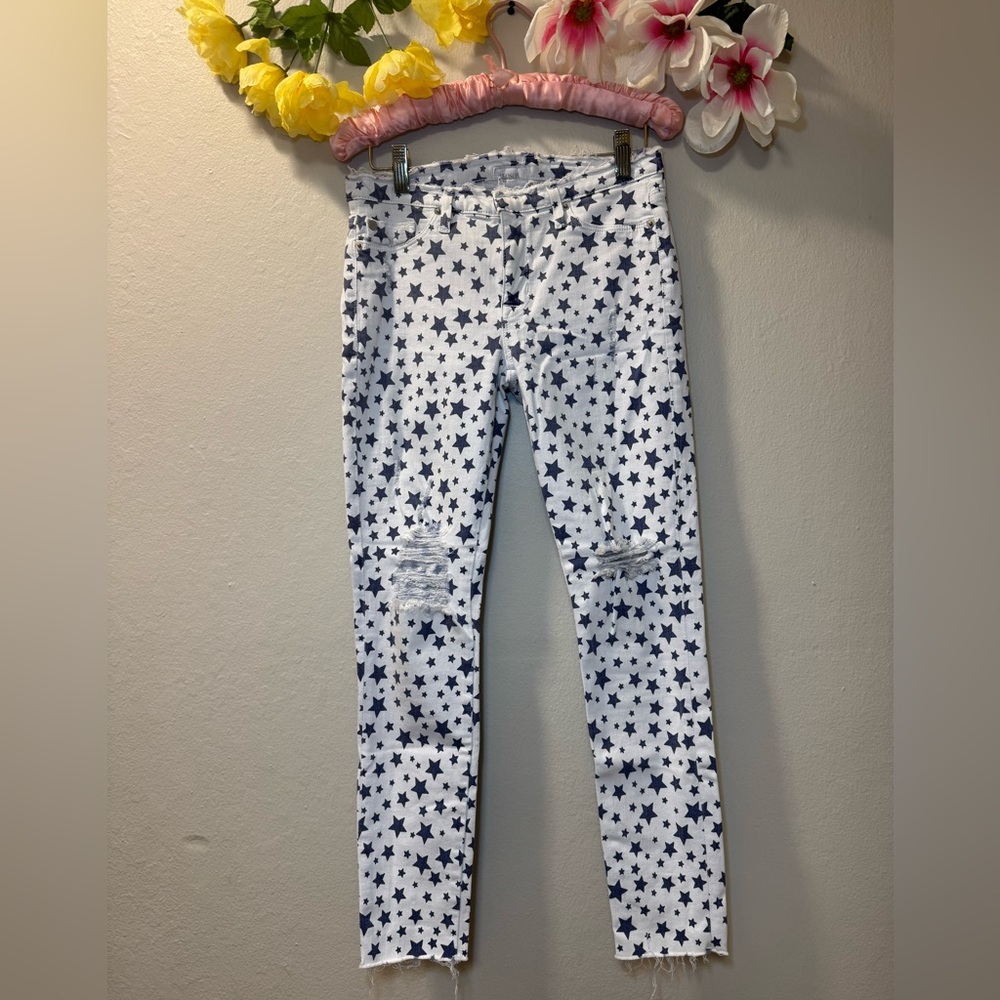 White Skinny Jeans with Navy Star Print